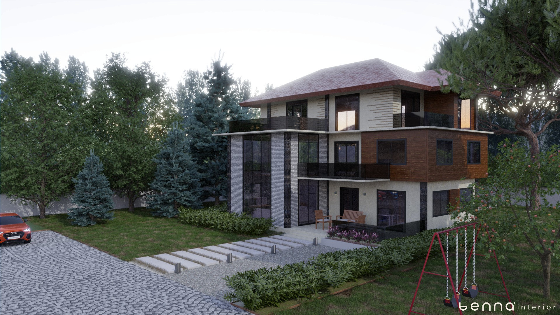 Villa Proje Etüt Müşterimizin ile öngörüşüme yapılarak isteği doğrultusunda villa projesi etüt olarak çalışıldı. •	İlk olarak yapısal uygunluk ve arsa konumu alınıp, yasal şartlar değerlendirilip arazi yapısına uygun olarak villa yerleşimi yapıldı. •	Ön tasarım ve planlama yapılarak yapı modern-klasik tarzda oluşturularak 3 kat olarak tasarlandı. •	Tasarımda bölgeye uygun olarak taş doku ve ahşap bölümler tercih edildi. •	Peyzaj ön planda tutularak bolca ağaçlandırma ve bitlendirme yapıldı. •	Bahçe kısmında